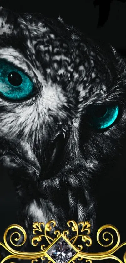 Owl with turquoise eyes and gold pattern on black background.