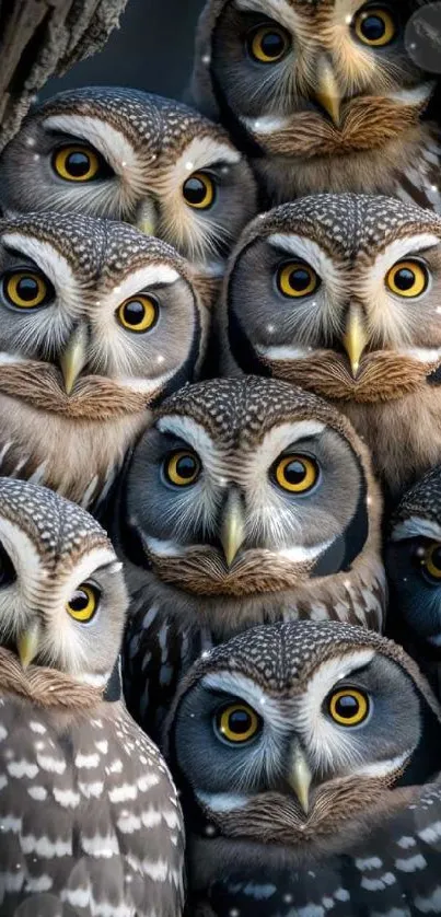 Group of eight owls with vivid yellow eyes in a tree.