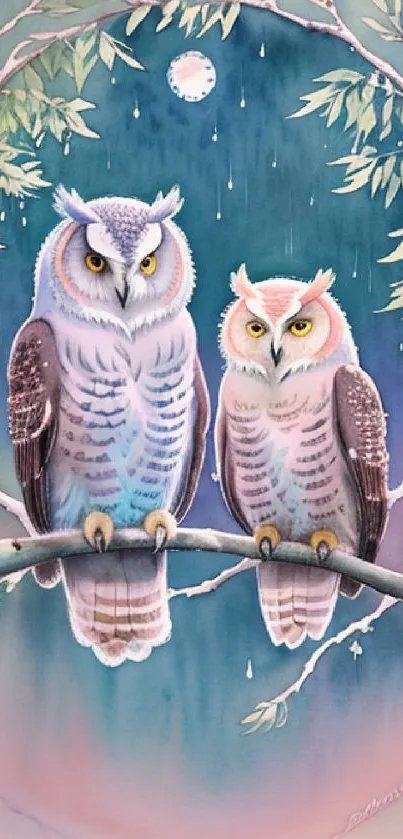 Artistic owls sitting on a branch under a moonlit sky.