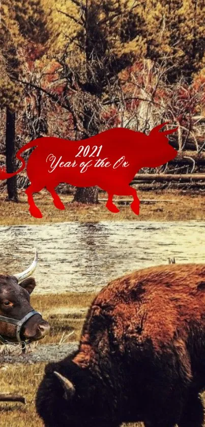 Year of the Ox wallpaper with bison in a forest scene.