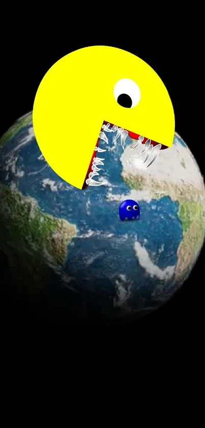 Retro Pac-Man devouring planet Earth in a humorous artwork.