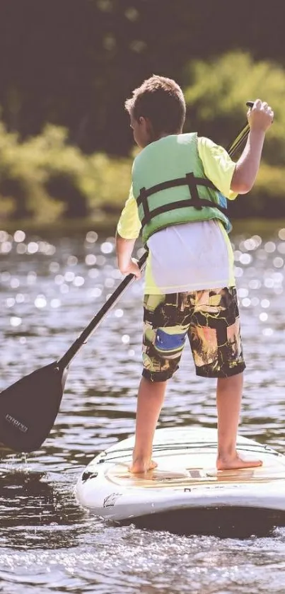 Boy paddleboarding on a calm lake