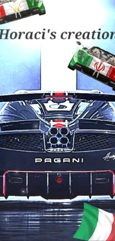 Dynamic Pagani car illustration with flags.