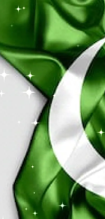 Green silk Pakistan flag with heart symbol design.