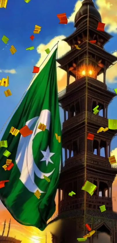 Pakistan flag with tower and confetti in the sunset background.