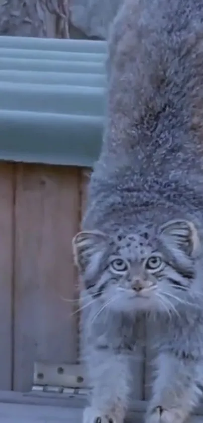 Pallas's cat stretches gracefully in a natural setting.