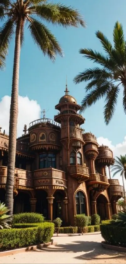 Majestic palace surrounded by tall palm trees on a sunny day.