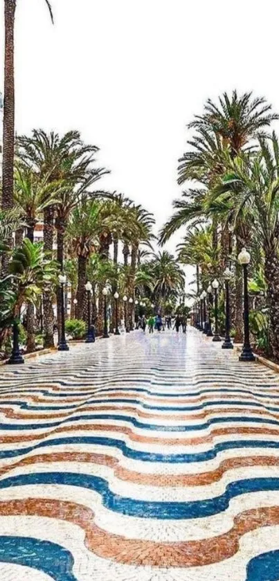 Palm-lined mosaic pathway with vibrant tile design.