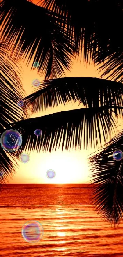 Tropical sunset with palm trees and ocean horizon, vibrant orange hues.