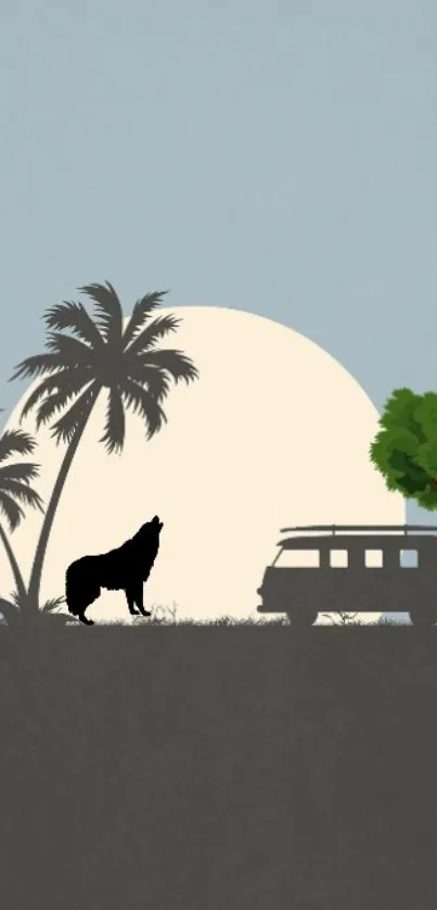 Mobile wallpaper with palm trees, camper van, and wolf silhouette in sunset.