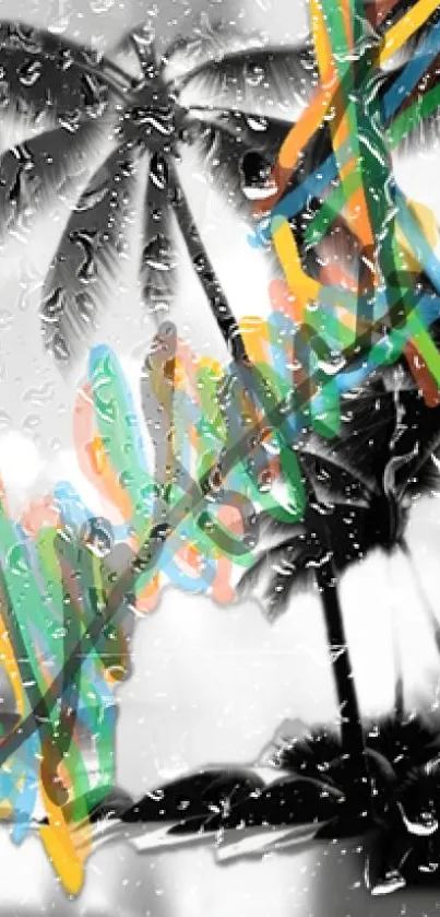 Artistic palm trees with vibrant abstract paint on a rain-covered surface.