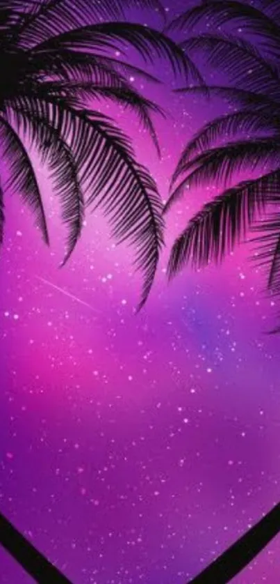 Purple galaxy wallpaper with palm tree silhouettes under a starry sky.