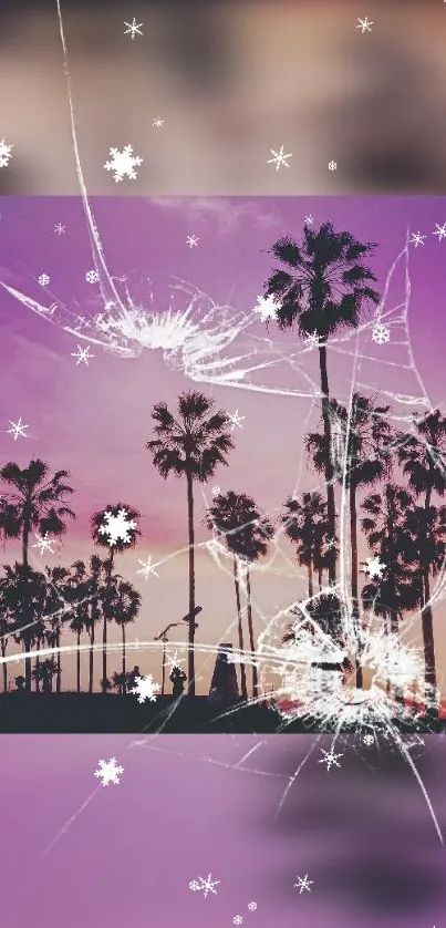 Vibrant sunset with palm trees and cracked glass effect.