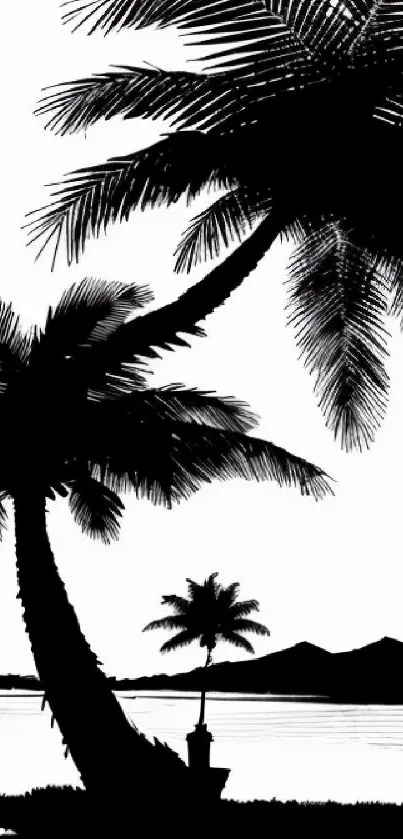 Silhouette of palm trees against a serene island background in black and white.