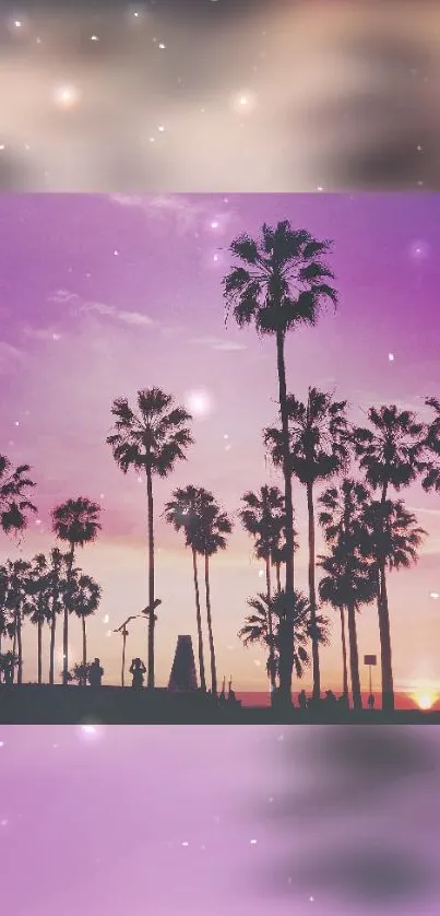 Silhouetted palm trees against a purple sunset.