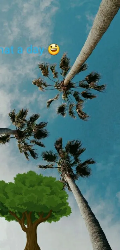 Palm trees reaching into a vibrant blue sky.