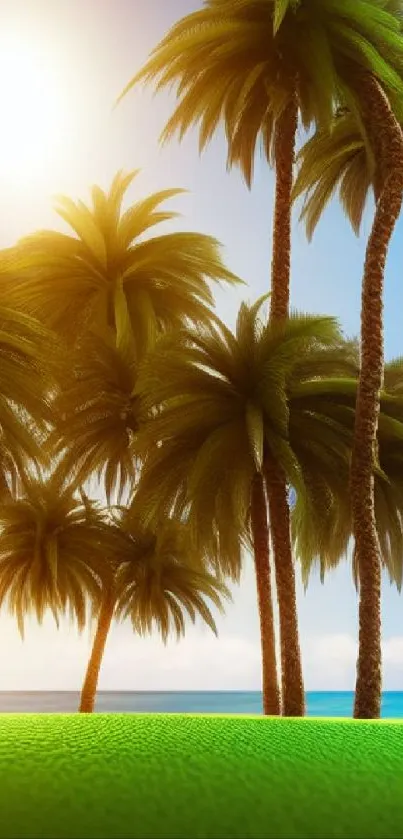 Palm trees under a bright sunny sky with green grass and a calm ocean.