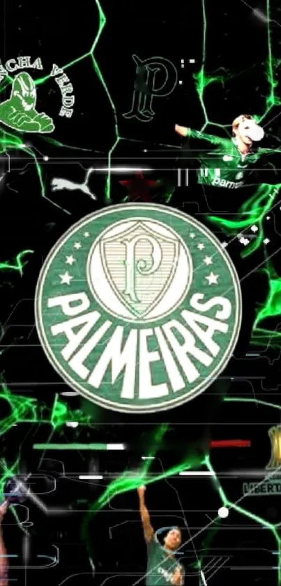 Palmeiras-themed wallpaper with neon green accents and dynamic design elements.