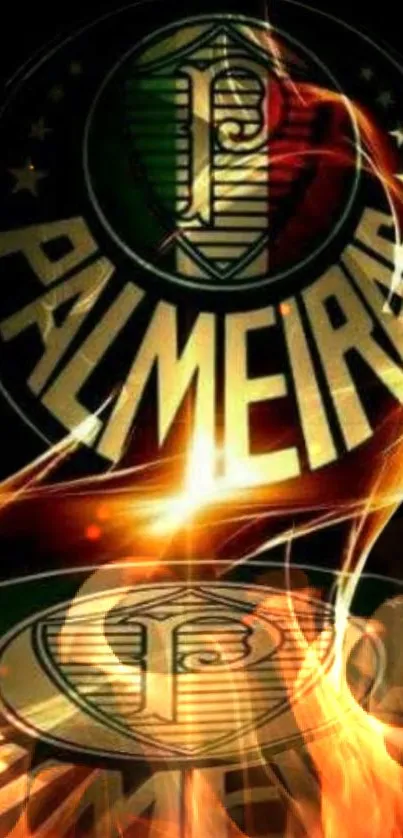 Golden Palmeiras logo with fiery accents.