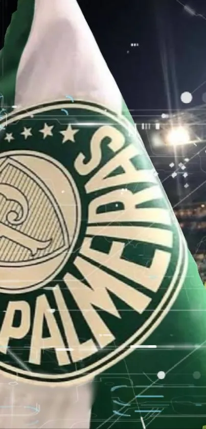 Palmeiras emblem with stadium backdrop and bright lights.