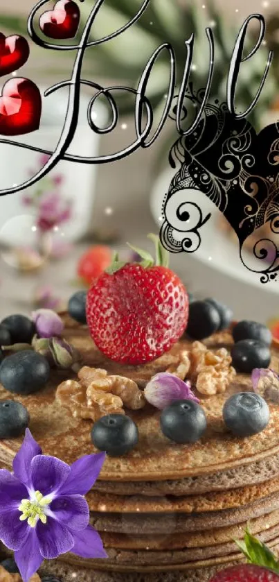 Stack of pancakes with berries and Love design art.