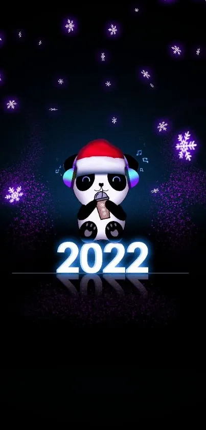 Mobile wallpaper featuring a cute panda with snowflakes and neon elements.