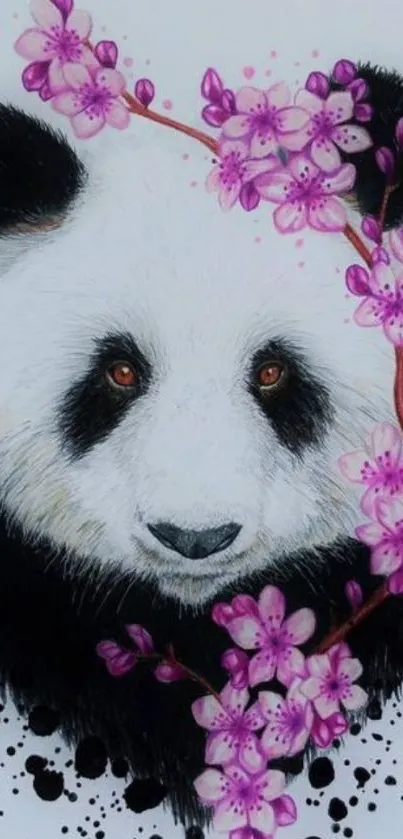 Artistic panda surrounded by pink blossoms on a white background.