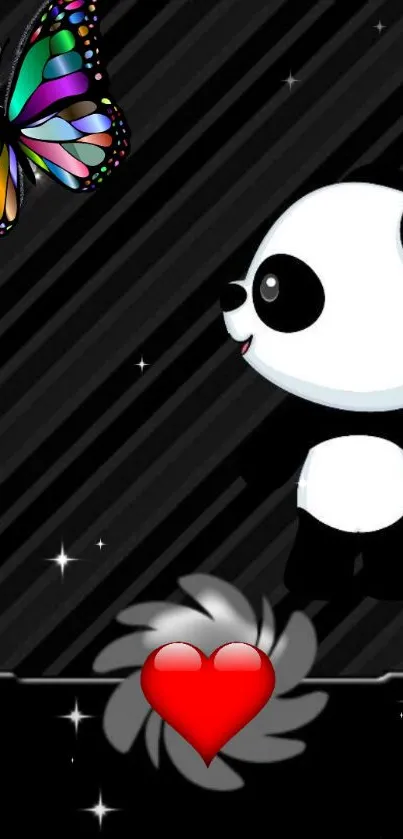 Cute panda and butterfly wallpaper with heart on dark background.