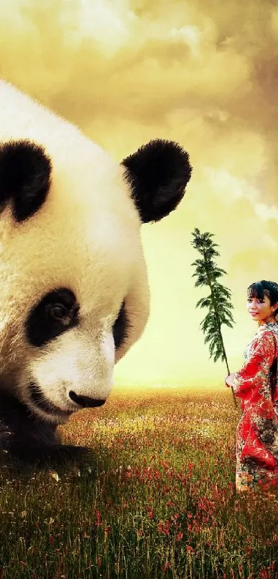 Panda with girl holding a leaf in a field of vibrant, golden hues.