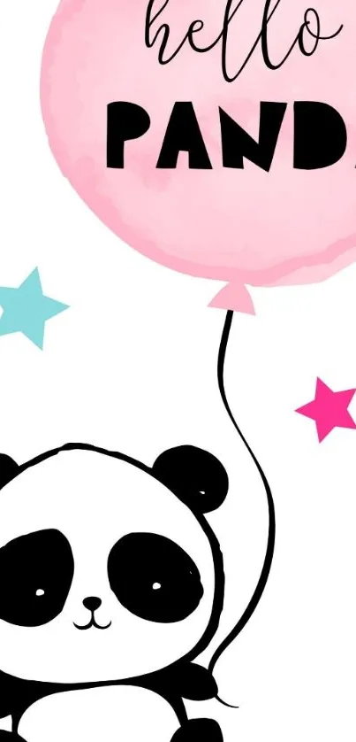 Cute panda holding a pink balloon with colorful stars.