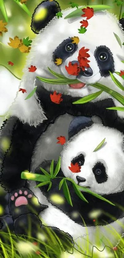 Adorable pandas in a bamboo forest digital artwork, perfect for nature lovers.