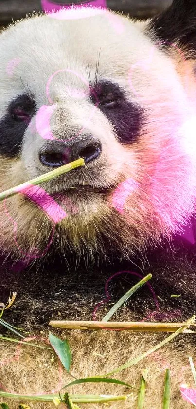 Panda eating bamboo with wood background.