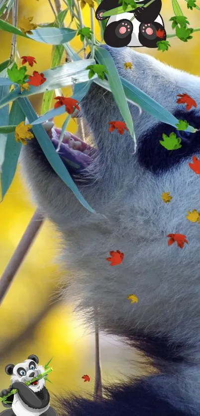 Panda munching on bamboo with colorful leaves against a vibrant yellow background.