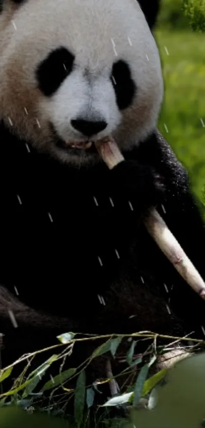 Giant panda munching bamboo in a lush green forest during rain.