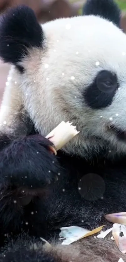 Panda enjoying bamboo in a serene setting.