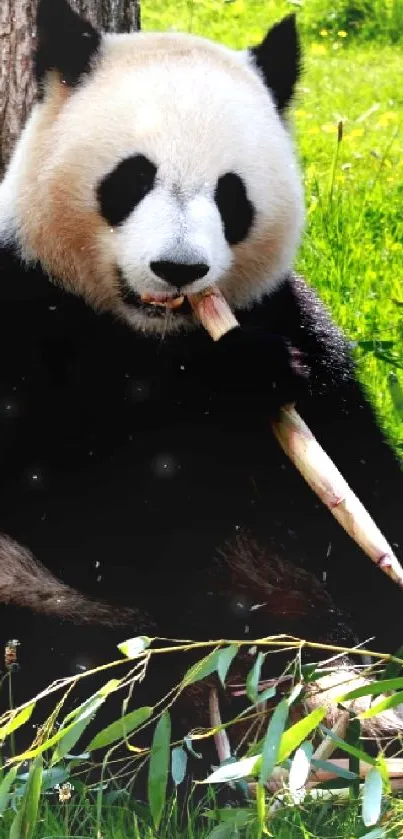 Panda munching bamboo in lush green forest.
