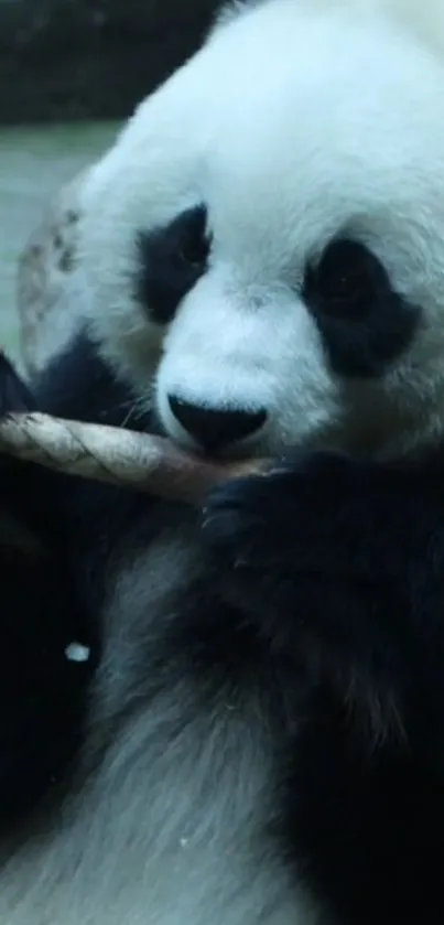 Cute panda eating bamboo, natural setting.