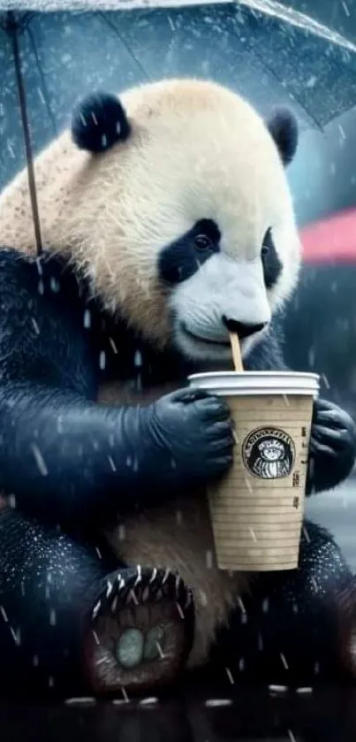 Panda under an umbrella, sipping a drink on a rainy day, creating a cute and calm scene.