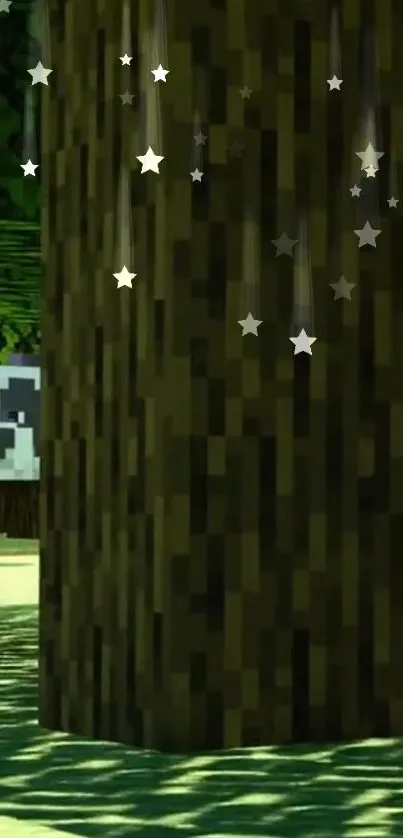 Pixelated forest with panda and stars, mobile wallpaper.