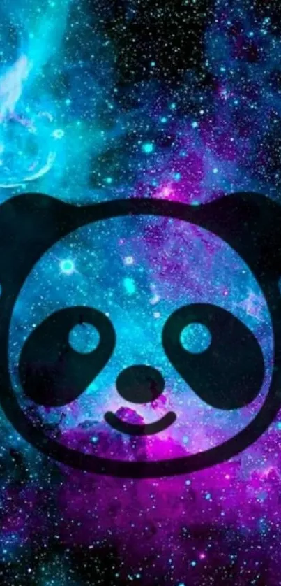 Panda silhouette on electric blue galaxy background.