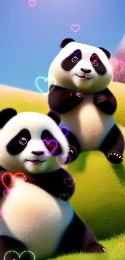 Adorable pandas with hearts on a vibrant fantasy background.