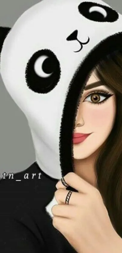 Digital art of a woman in a panda hoodie, perfect for a mobile wallpaper.