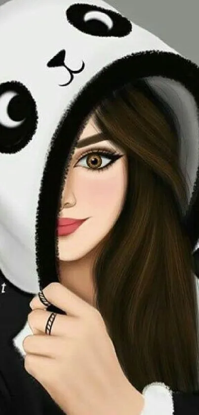 Digital art of a girl wearing a panda hoodie.