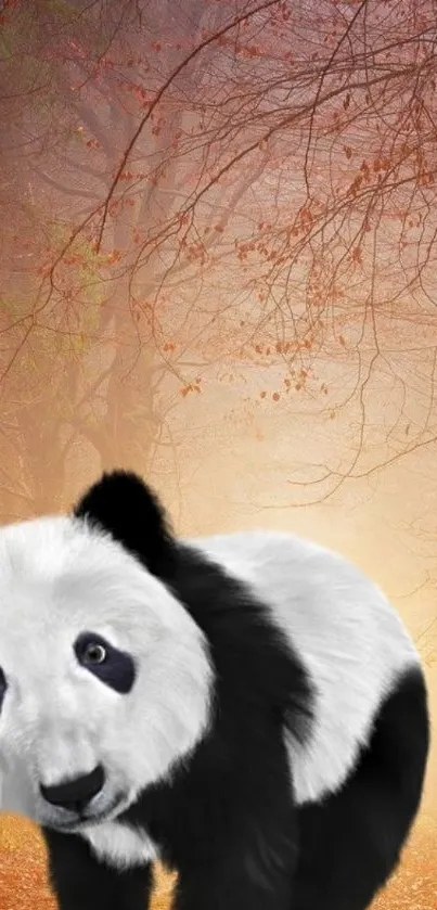 Panda in an autumn forest with warm orange leaves.