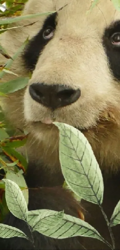 Charming panda amidst lush bamboo leaves.