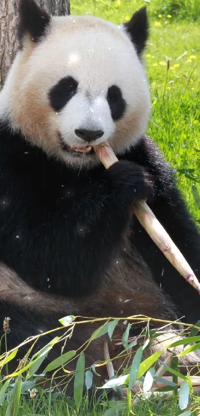 Panda enjoying bamboo in a lush green field.