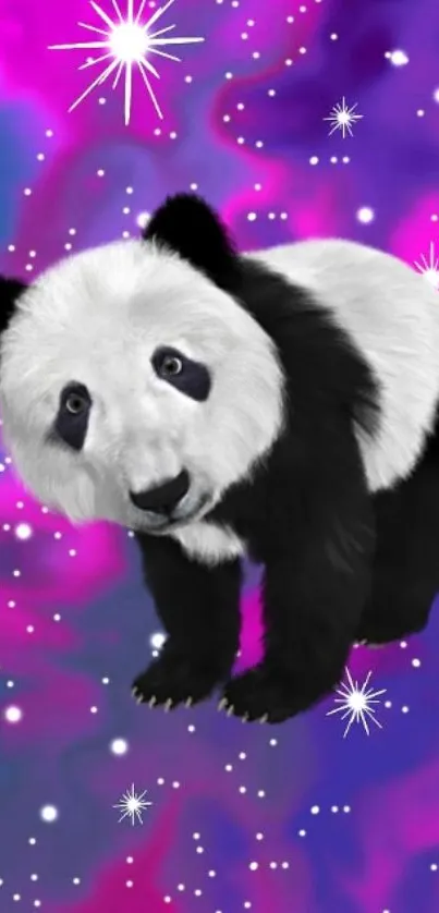 Playful panda in a vibrant cosmic background with stars.