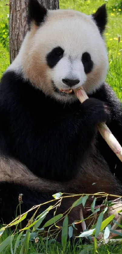 Cute panda eating bamboo in a lush green field.