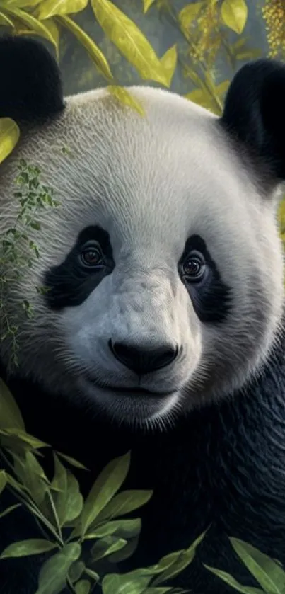 Panda surrounded by bamboo leaves in a serene forest setting.