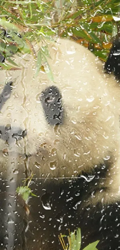 Panda behind raindrop-covered glass with bamboo leaves, creating a serene atmosphere.